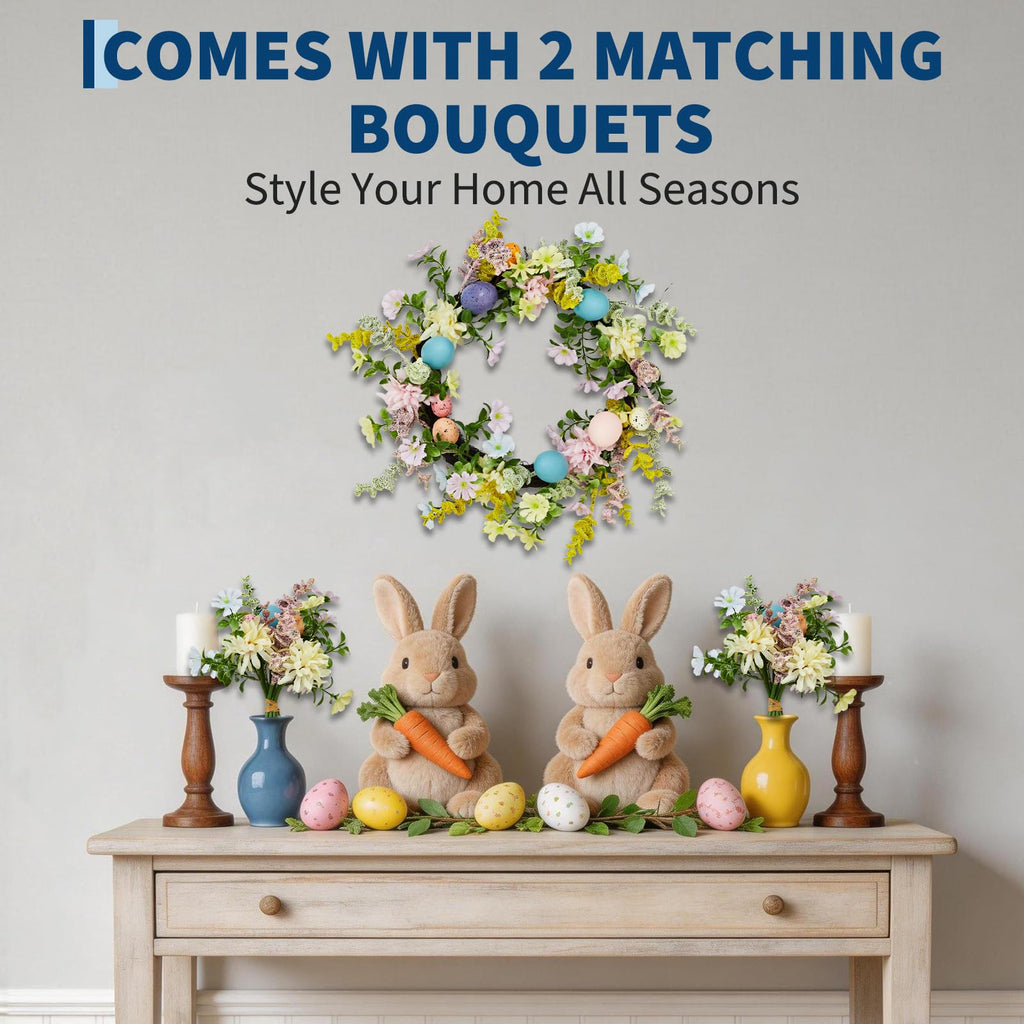 Easter Wreath for Front Door - 18in Spring Flower Wreath with Easter Eggs & Lush Greenery, Artificial Floral Door