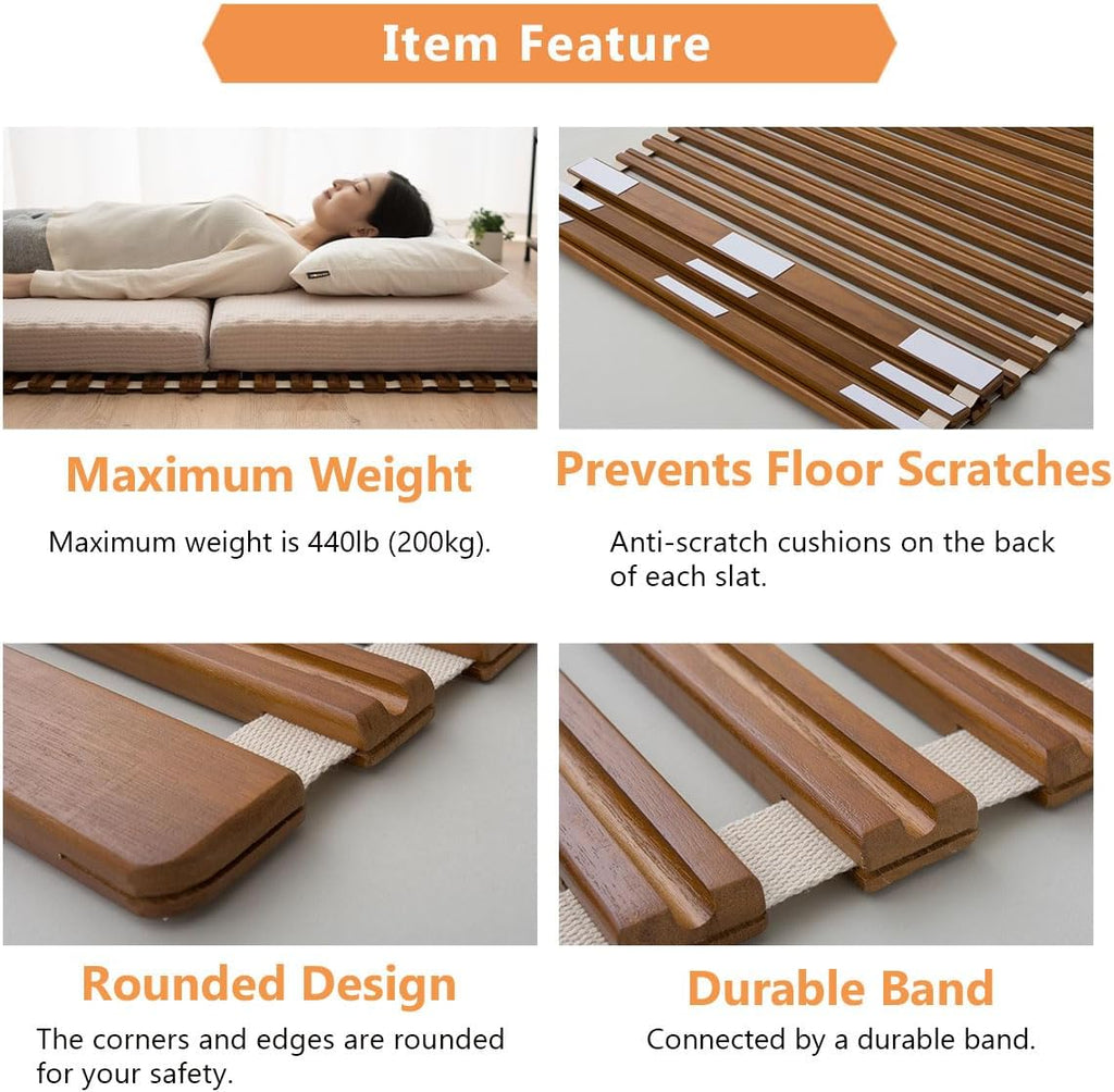 Wood Roll-Type Slatted Bed for Japanese Futon Mattress (Brown), Breathable Floor Sleep Tatami Mat