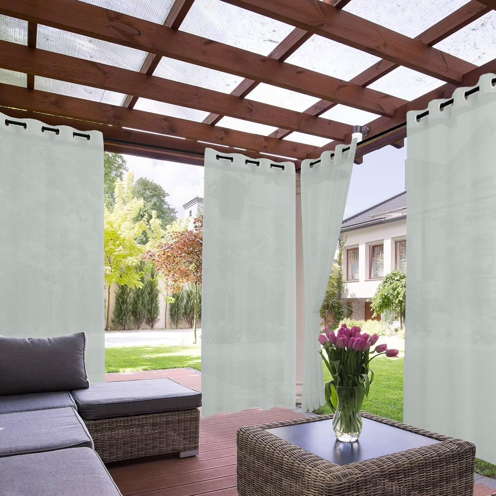 Outdoor Sheer Curtains Waterproof - 4 Panels Linen Look Grommet Curtain Light Filtering Outside Drapes, Pergola