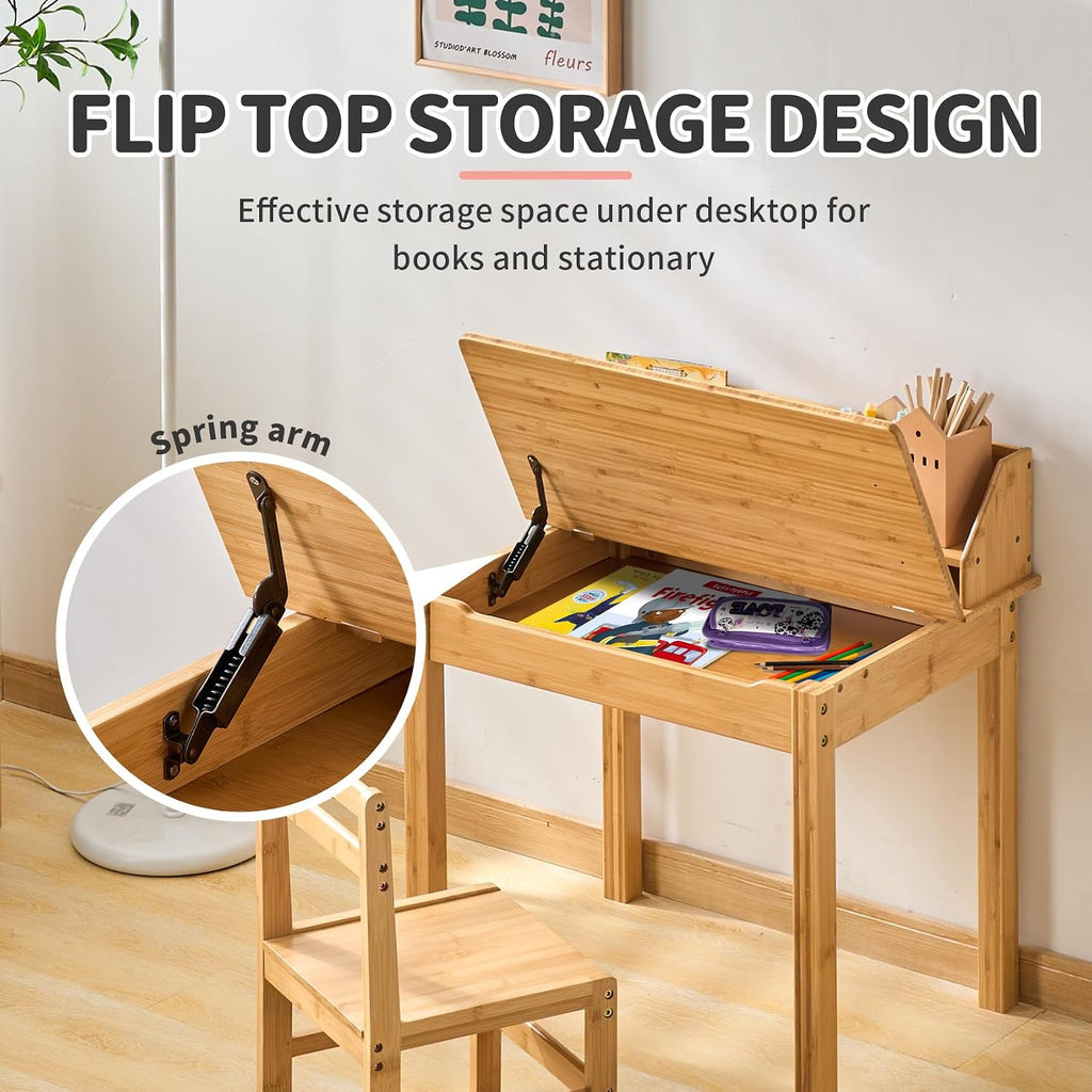 Bamboo Toddler Desk and Chair Set with Lift-Top Storage, Kids Study Table with Hutch and Bookshelf, Writing Reading