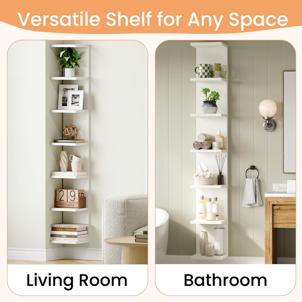 7-Tier Floating Wall Shelf, White Vertical Vanity Decor Shelves