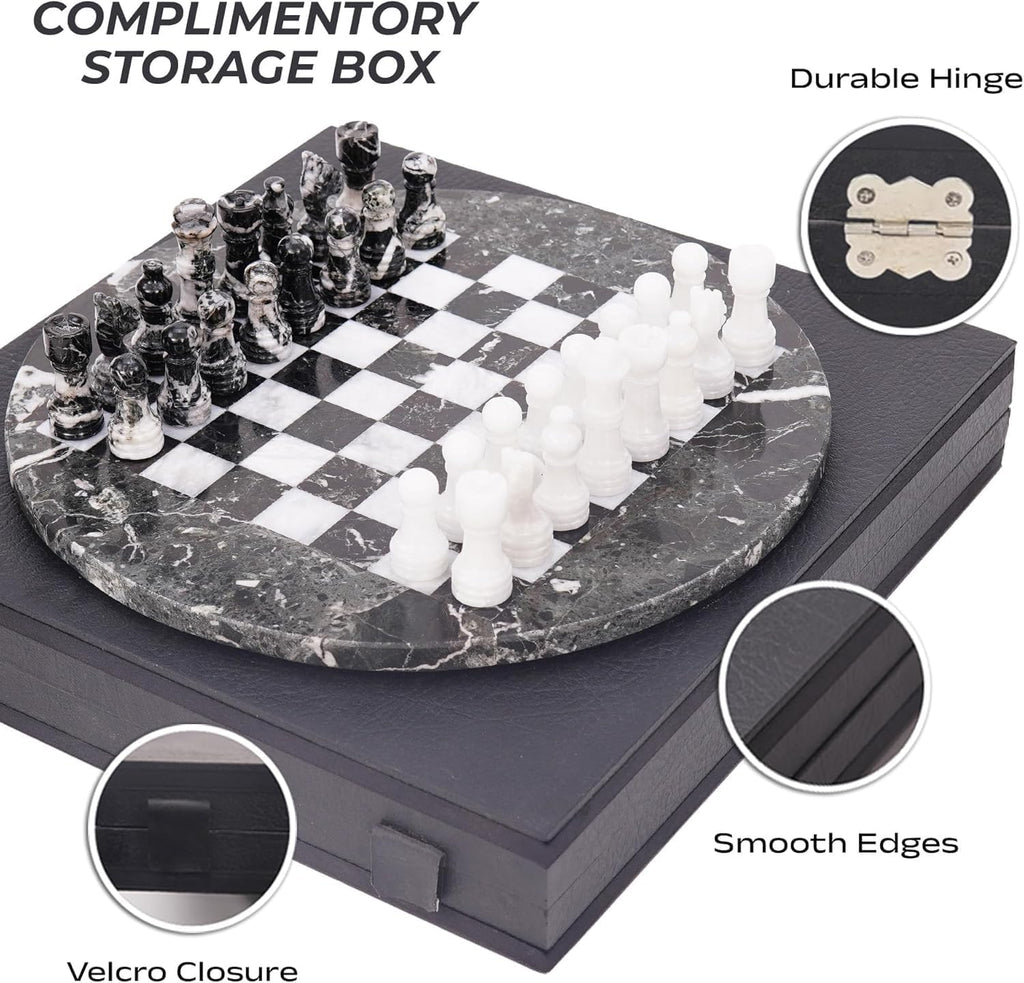 Marble Chess Set for Adults with Complementary Storage Box,12 Inch Handmade Black & White Chess Board Game, Luxury - Set of 34