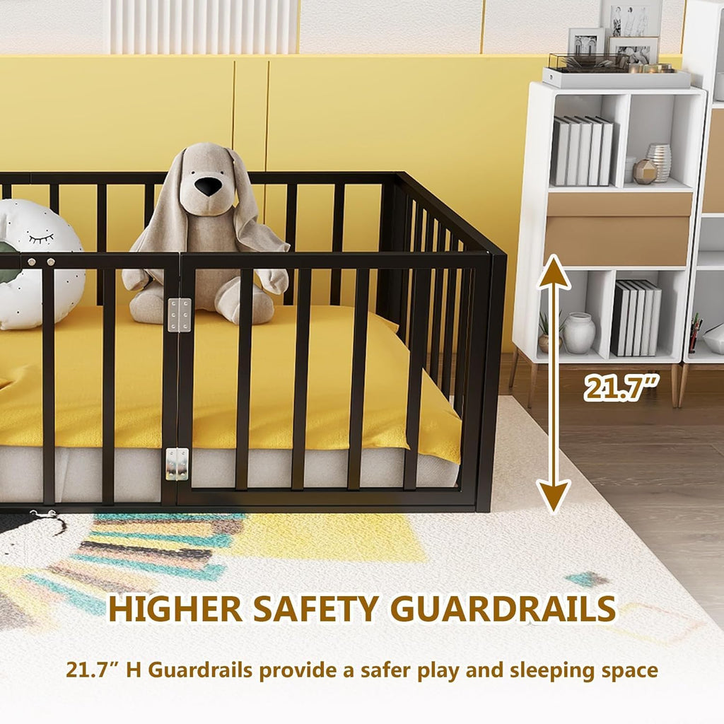 Floor Bed with Fence and Door, Heavy Duty Metal Montessori Floor Bed with Rails, Low-Profile Montessori Beds