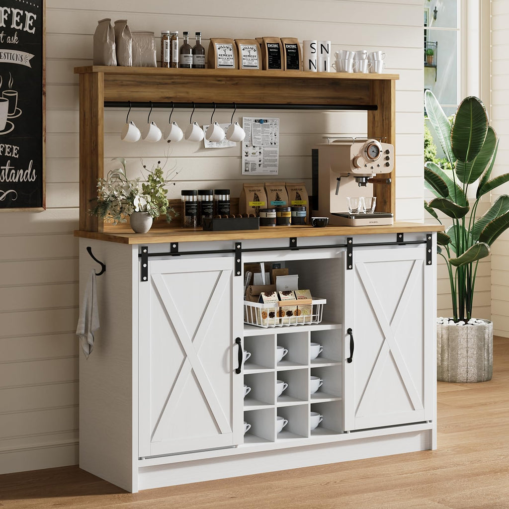 47" Farmhouse Coffee Bar Cabinet with Storage Hutch, White