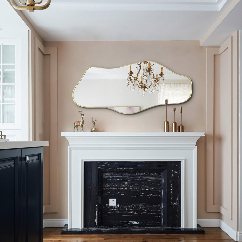 Irregular Wall Mirror, 47.2"x21.6" Gold Asymmetrical Frameless Mirror, Modern Organic Shaped Mirrors Bedroom Hallway
