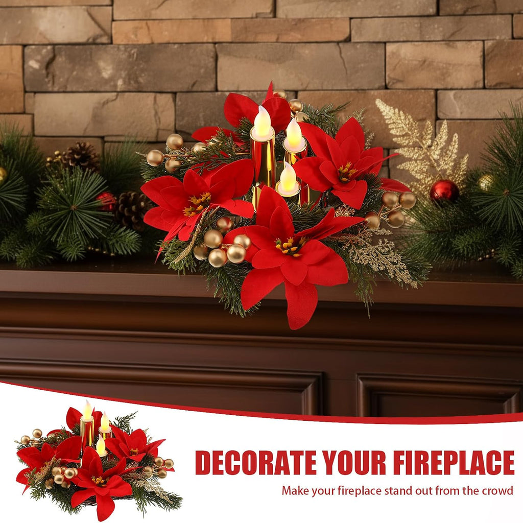 3 Set Poinsettia Centerpieces Christmas Floral LED Candles Decor