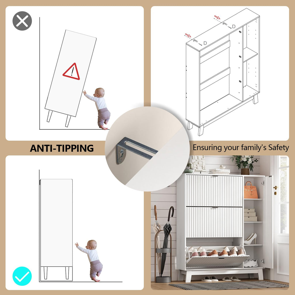 Shoe Cabinet Storage with 3 Drawers & Side Cabinet, White