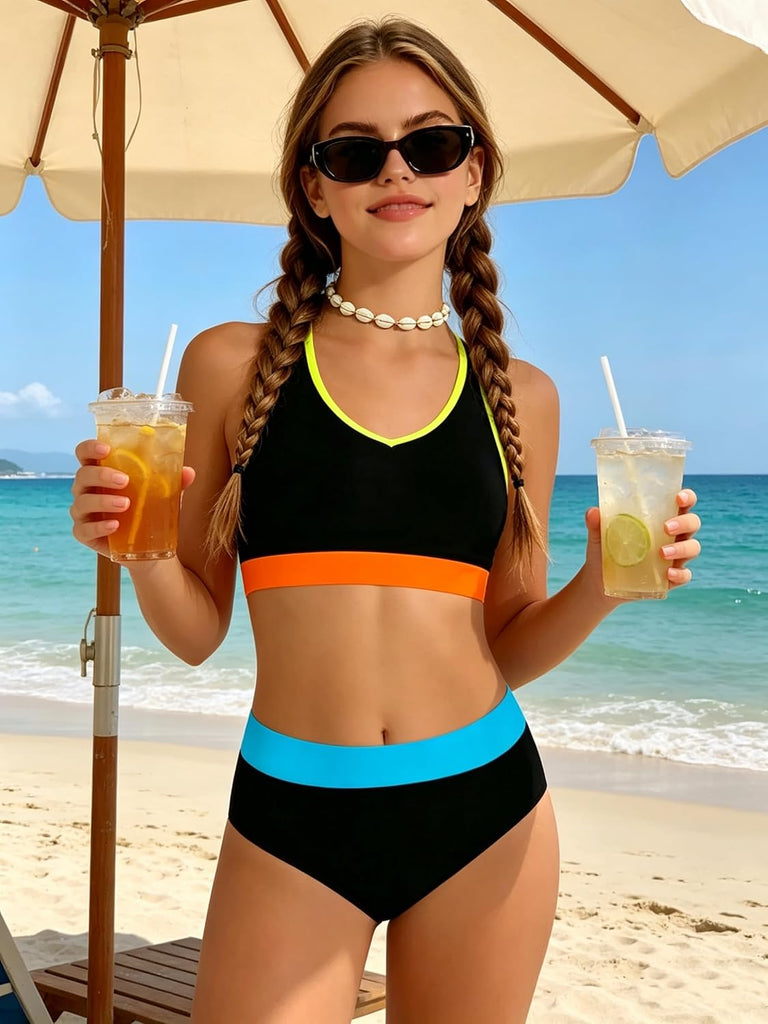 Girls Swimsuit Color-Block High Waist Sporty Sets Girls Two Piece Bathing Suit with Chest Pad Swimwear