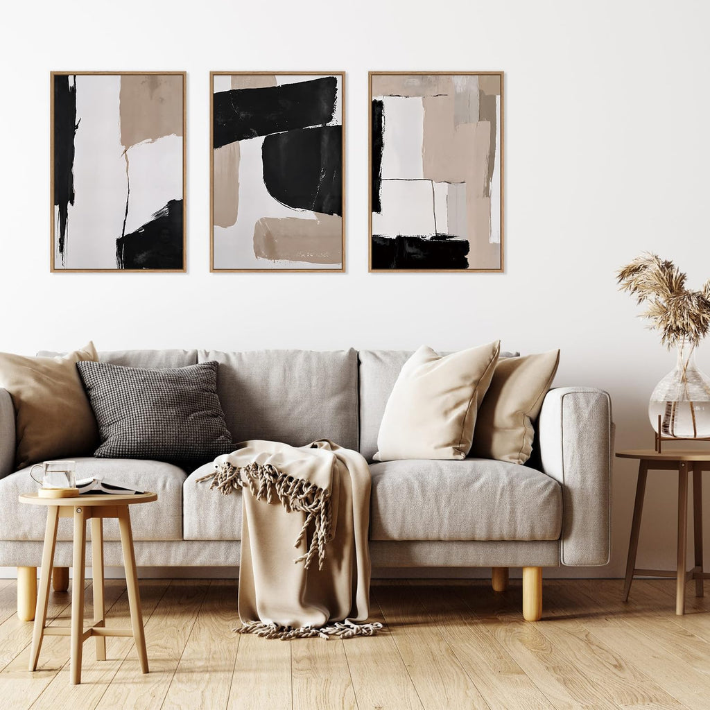 Large Framed Neutral Abstract Canvas Wall Art, Black and White Abstract Wall Decor Set of 3(16"X24")Modern Minimalist