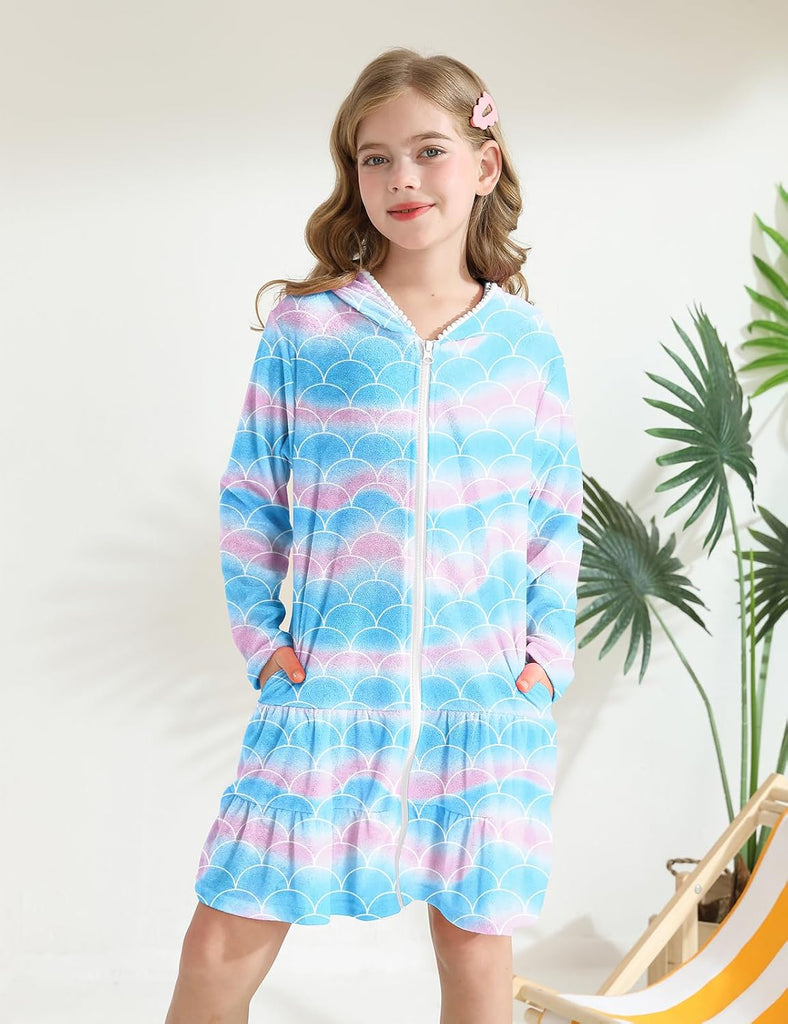 Girls Swim Cover Up Kids Long Sleeve Swimsuit Coverup Terry Beach Pool Clothes with Sunglasses