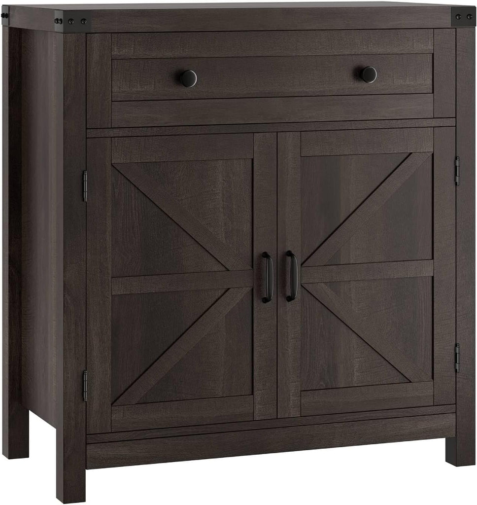 Kitchen Storage Cabinet, Farmhouse Coffee Bar Cabinet, Dark Brown | Small Buffet Cabinet with Doors & Wide Drawer