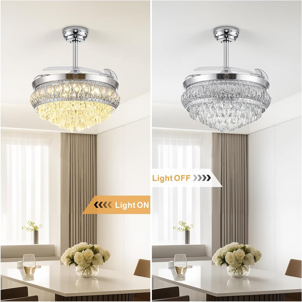 42" Fandelier Ceiling Fan with Light, Crystal Retractable Ceiling Fan with Lights and Remote, Chandelier Fans