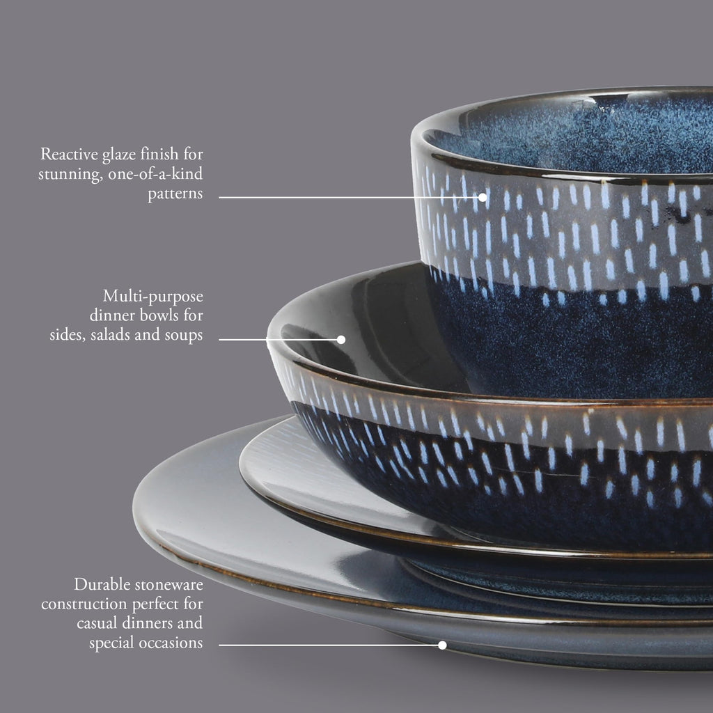 Matisse 16-Piece Dinnerware Set - Double Bowl Reactive Glaze Cereamic Stoneware in Blue - Plates and Bowls Sets