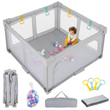 Foldable Baby Playpen with Mat, 50" x 50" Large Baby Play Yard for Infant with 50 Ocean Balls, 4 Handlers, Carry Bag
