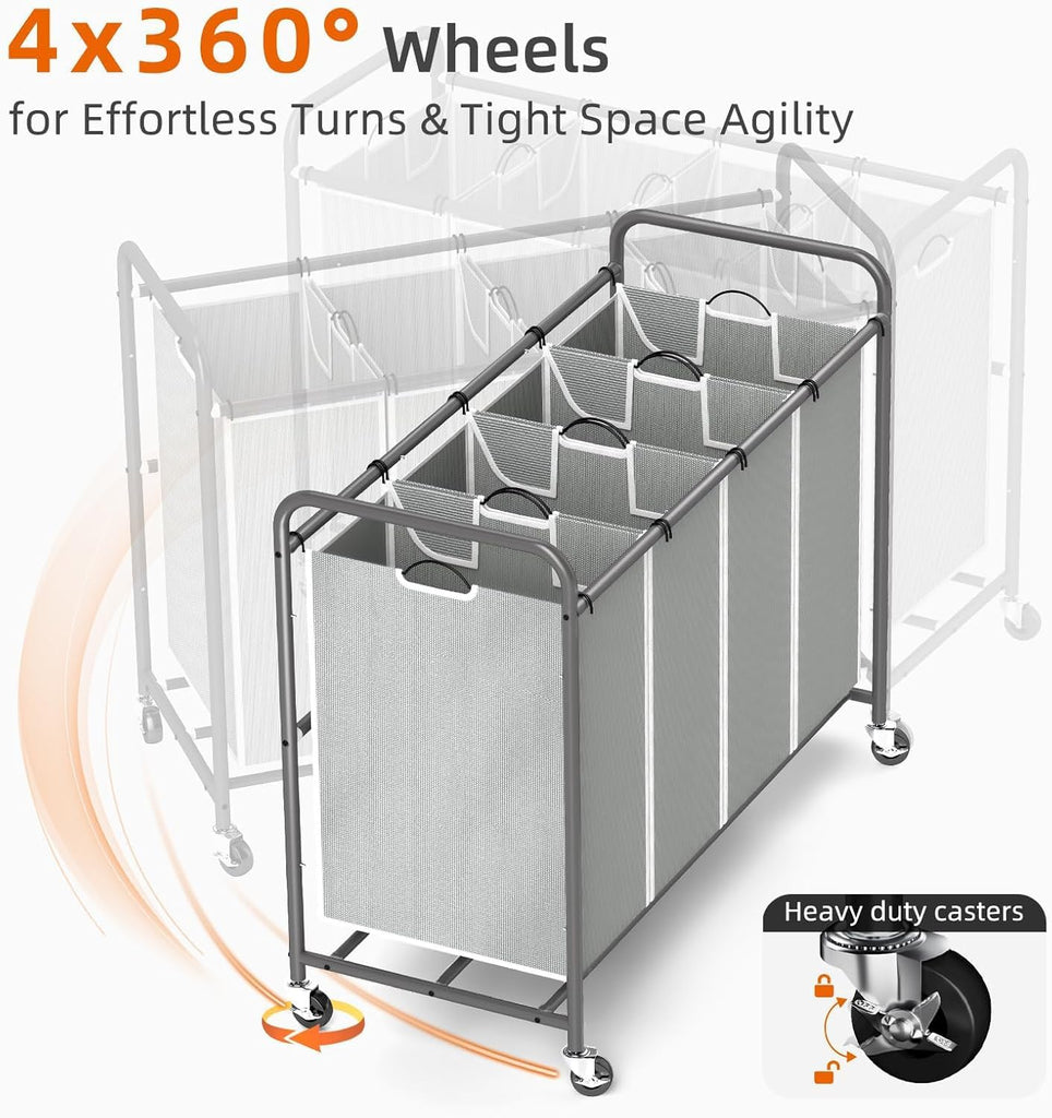 Laundry Hamper Sorter Cart, 4-Section Organizer with Lockable Wheels
