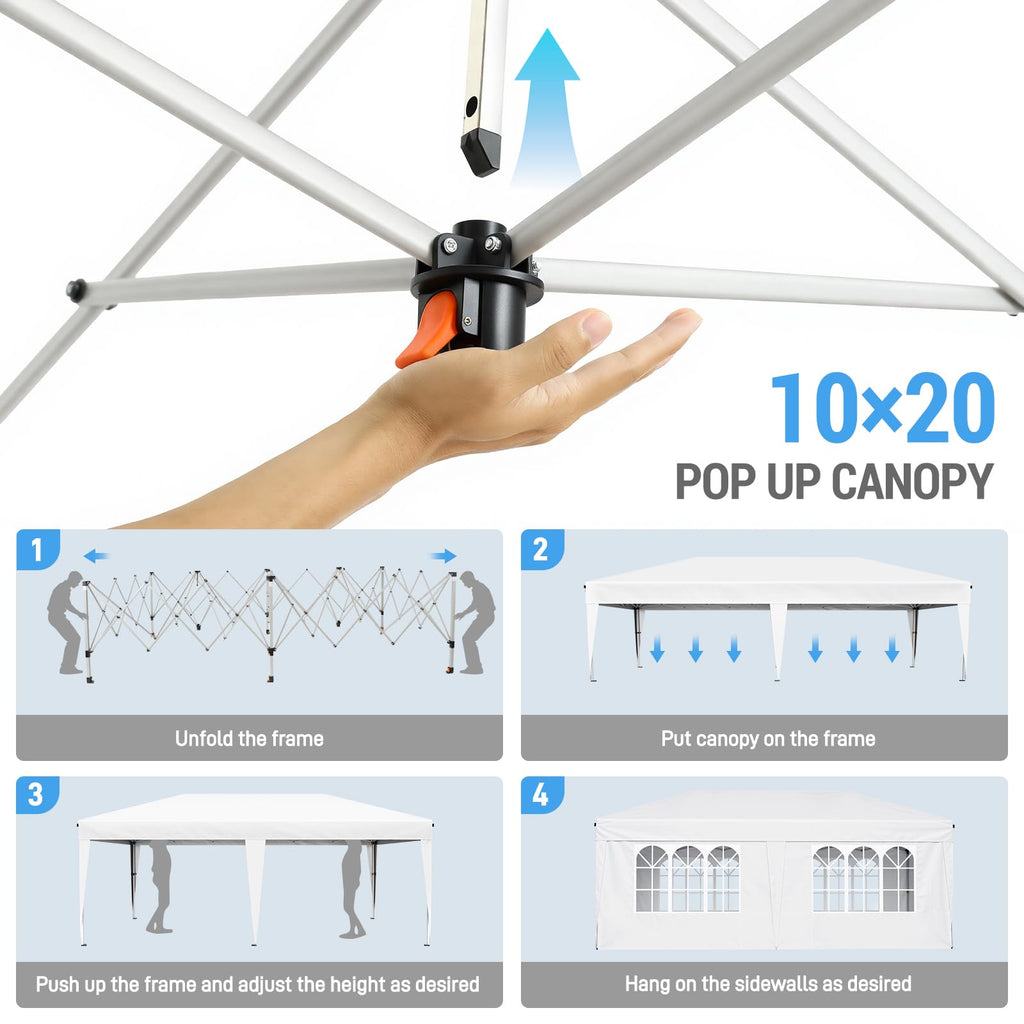10x20 FT Pop Up Canopy Tent with 6 Sidewalls, White