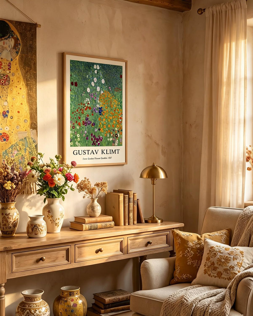 Gustav Klimt Framed Wall Art Flower Garden Art Prints Retro Flower Pictures Artwork Office Classroom Wall Decor