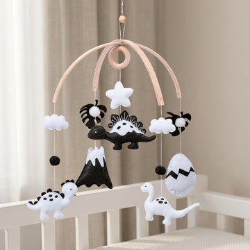 Dinosaur Crib Mobile - High-Contrast Black & White Nursery Decor for Newborn Baby Room, for Boy & Girl, Natural Wood