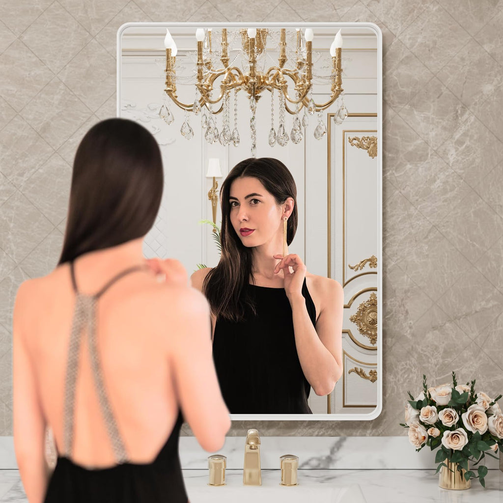 22x30 Inch White Metal Framed Bathroom Mirror for Wall, White Bathroom Vanity Mirror Farmhouse, Large Rounded
