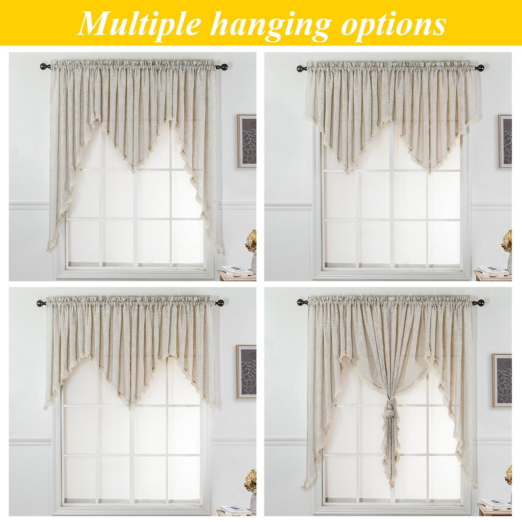 Beda Home Tassel Linen Textured Swag Curtain Valance, Taupe, 36 x 63 in