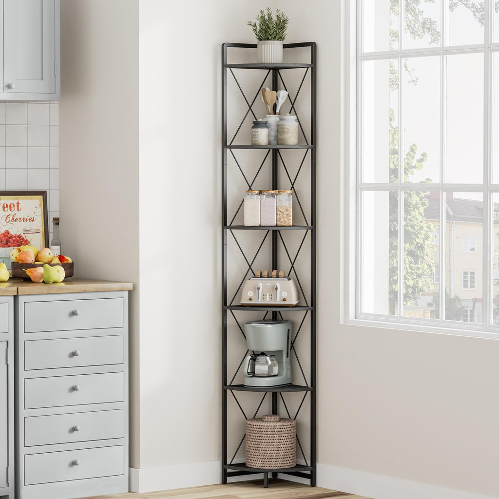 6 Tier Corner Shelf Stand, 78" H Tall Corner Bookshelf, Black