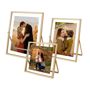 Gold Picture Frames Set of 3, Metal Geometric Photo Frame with Glass Cover Includes 5x7, 4x6, 4x4 - Tabletop Floating