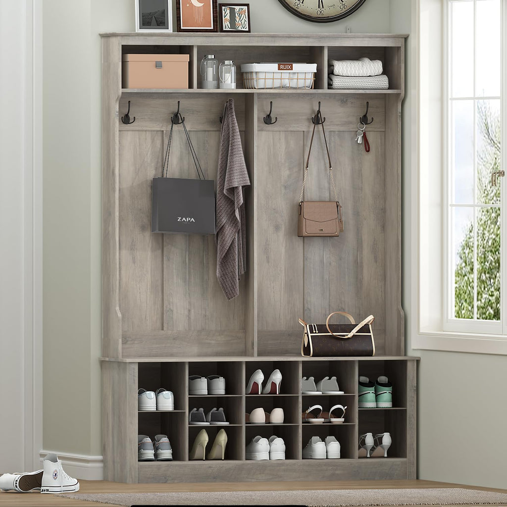 Hall Tree with Bench and Shoe Storage, 53" Farmhouse 4-in-1 Mudroom Storage Organizer with Coat Rack, 6 Hooks, 12