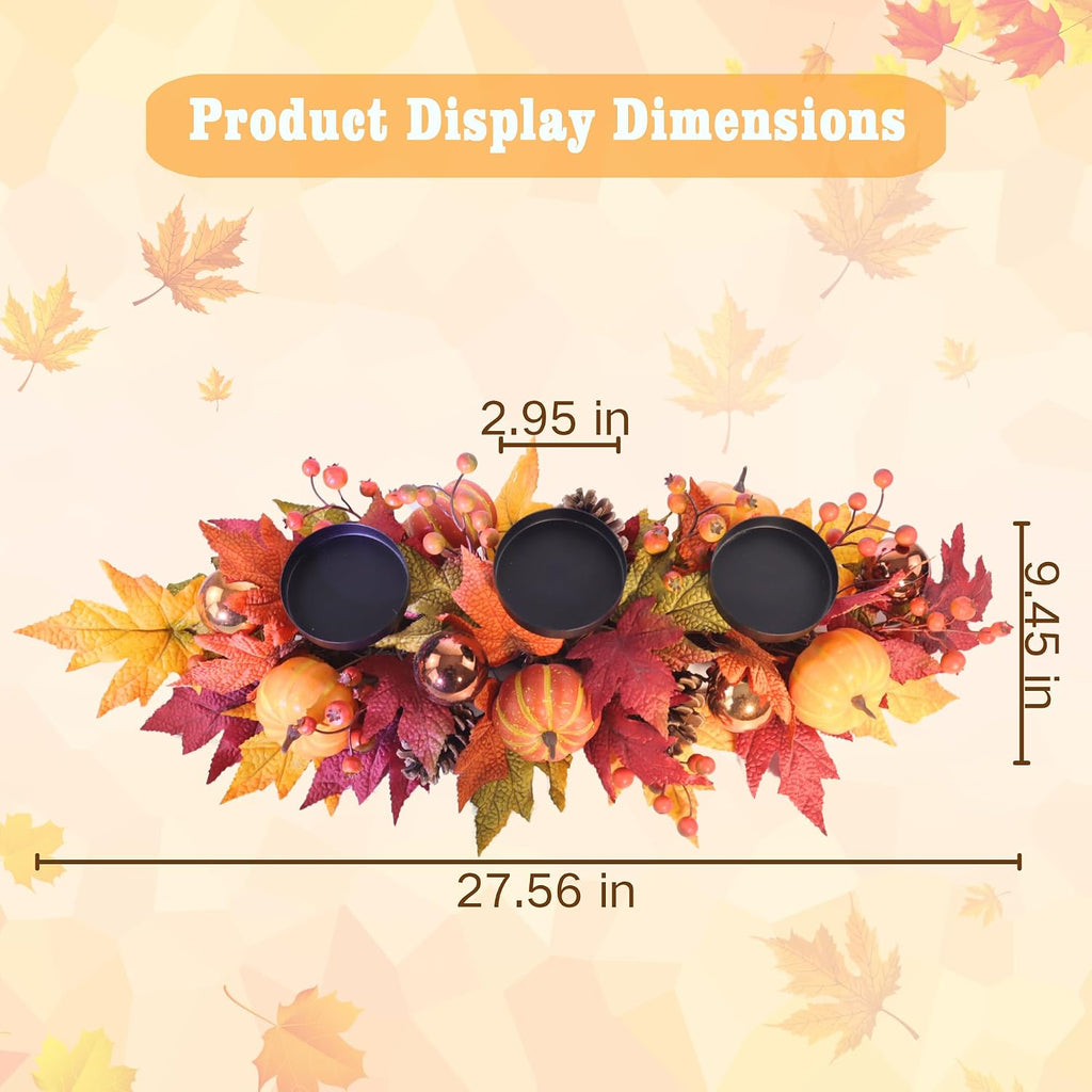 Fall Candle Holder Centerpiece for Table - Thanksgiving Table Decor with Pumpkins, Maple Leaves,Autumn Harvest