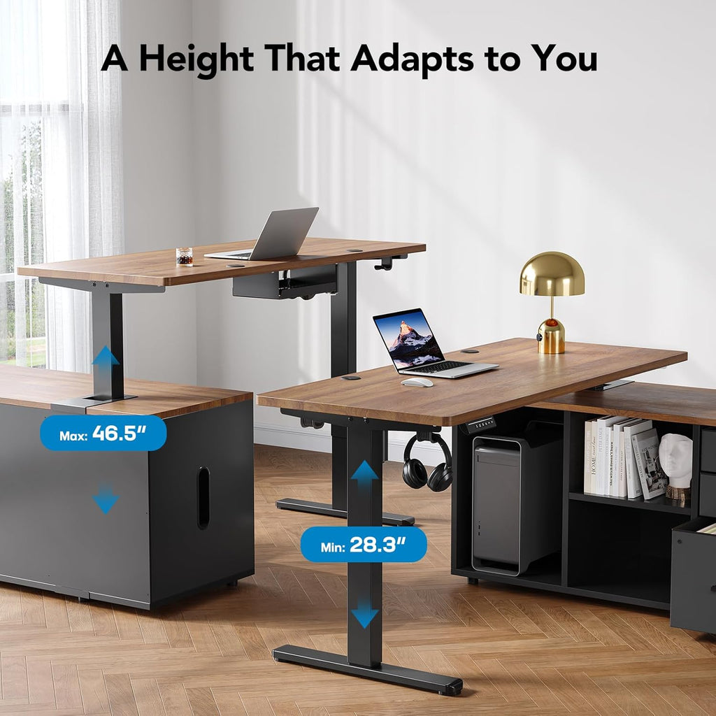 55′′ L Shaped Standing Desk with Drawers, Height Adjustable,Walnut | Electric Executive Desk with File Cabinet Sets