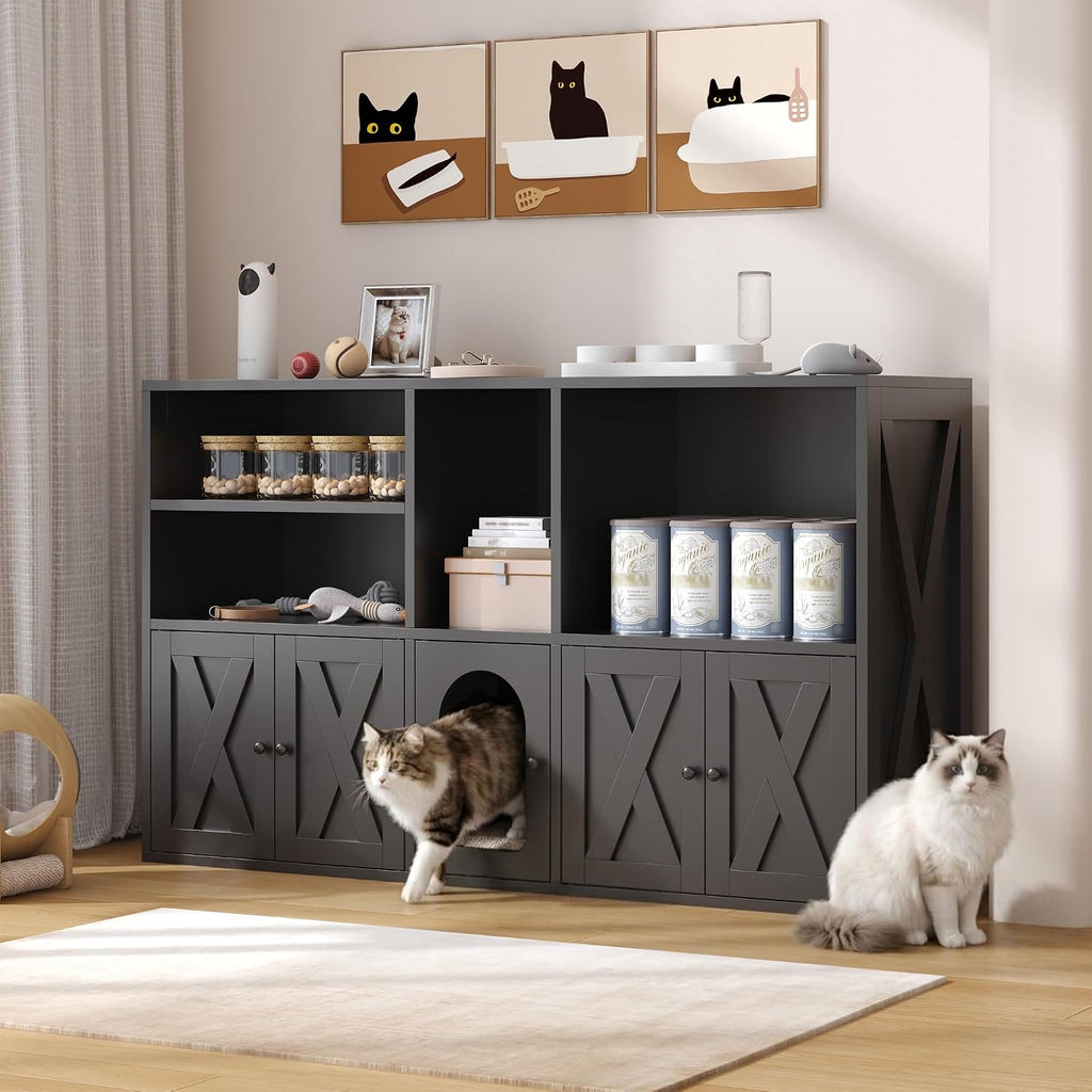 Cat Litter Box Enclosure for 2 Cats with Scratch Pad, Hidden Litter Box Furniture with Storage Cabinet & Open