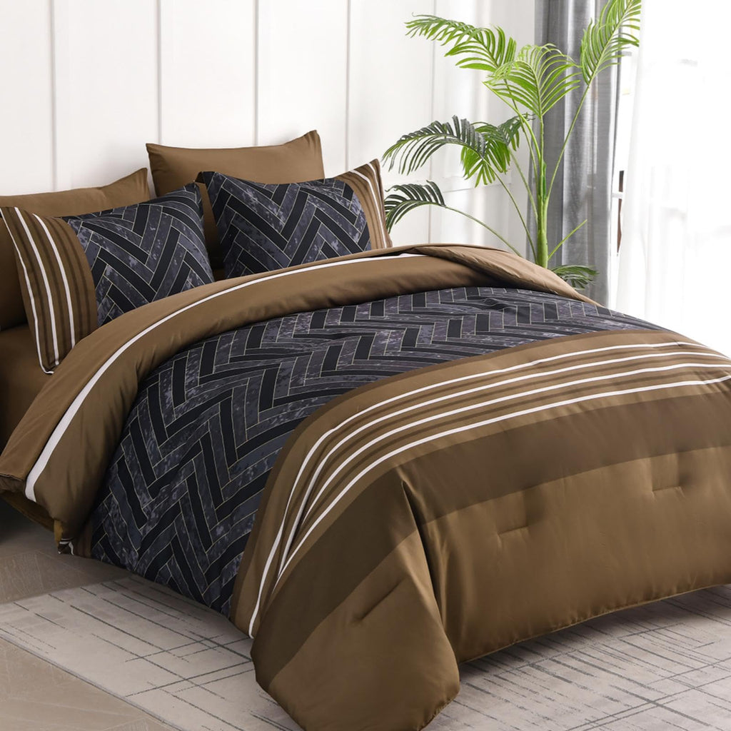 Brown Comforter Set Queen, 7 Pieces Boho Striped Bed in a Bag Set