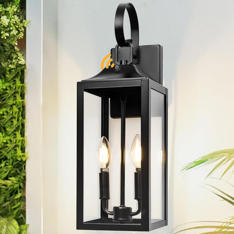 Black Dusk to Dawn Outdoor Wall Lantern 2-Light, 19" Large Outside Modern Porch Sconce Light Fixture