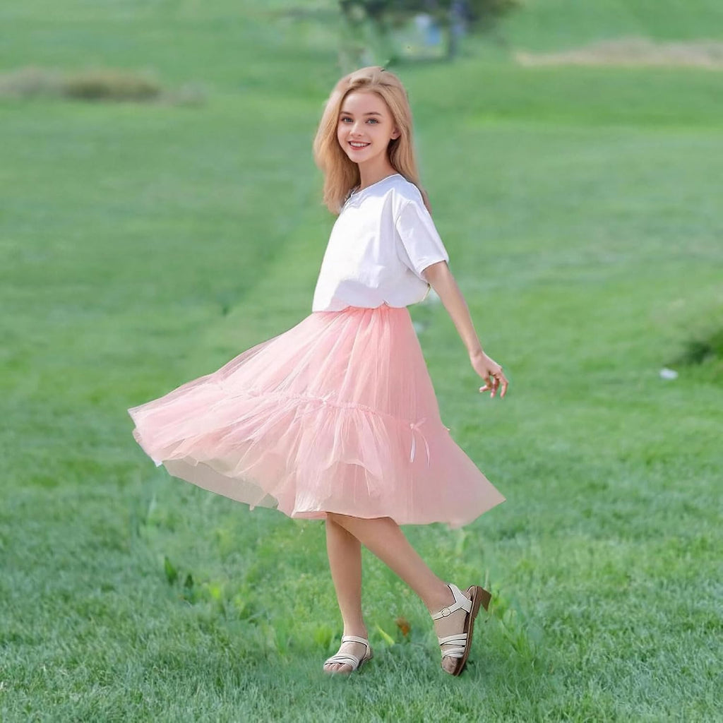 Girls High Waist Tulle Skirts A-line Mesh Skirt Midi Tutu Skirts Dress for Toddler Girl