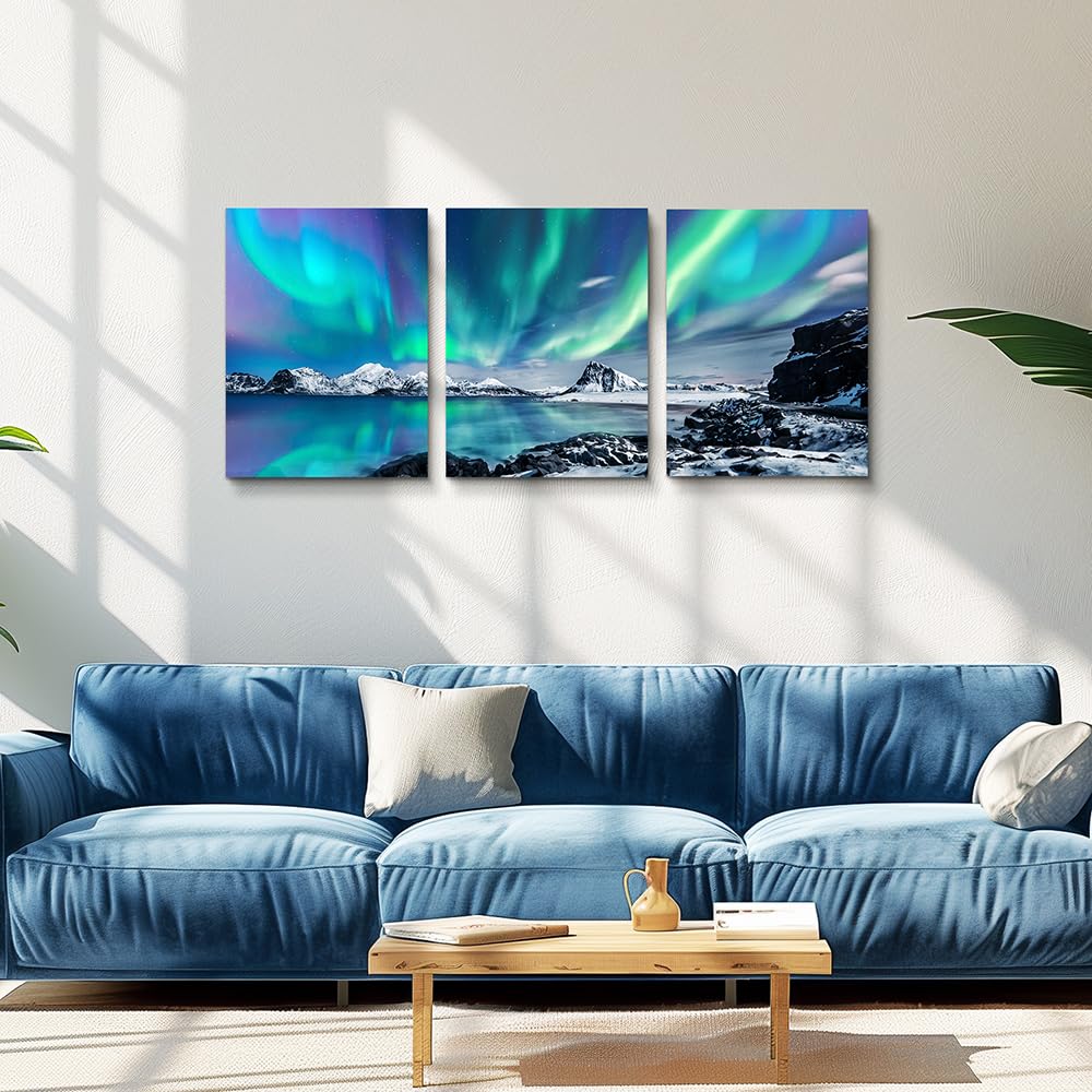 Wall Art Wall Decor Office Decor Abstract Mountain Aurora Landscape Painting 3 Piece Scenic Framed Canvas Art Prints