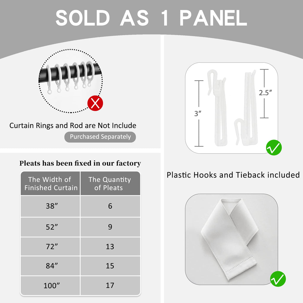 Room Darkening Pinch Pleat Curtain with Tieback for Small Window, Thermal Insulated Patio Door Panel Pleated Drape
