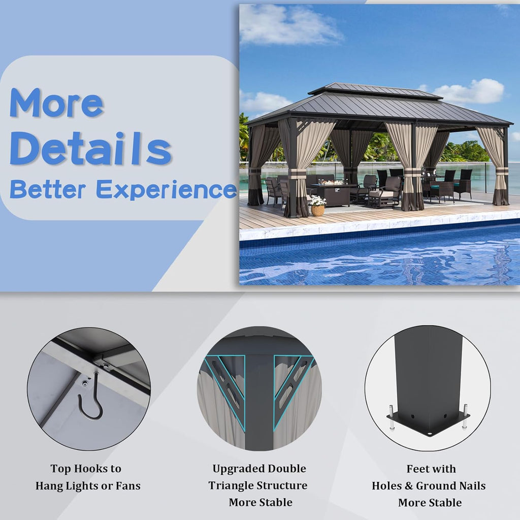 12'x20' Hardtop Gazebo, Outdoor Double Roof Canopy with Netting and Curtains, Galvanized Metal Frame