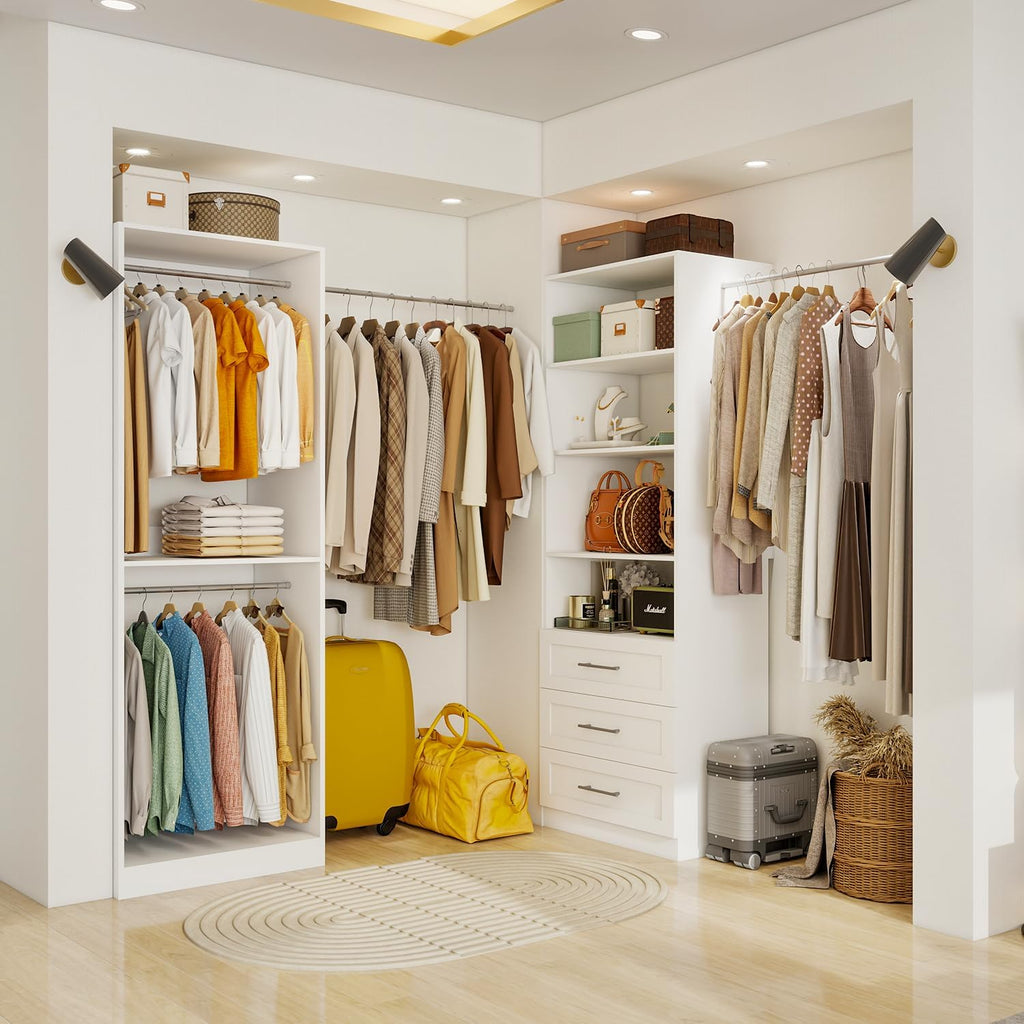 Closet System of 2 Sets with 3 Drawers & 4 Shelves & 4 Hanging Rods, 4FT-10FT Closet Organizer System, Walk in