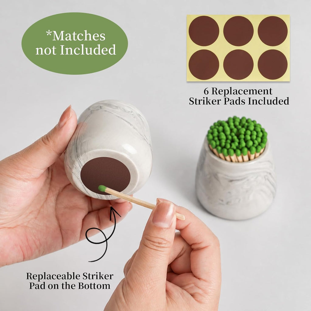 Marble Ceramic Match Holder with Striker Decorative Jar - Set of 2