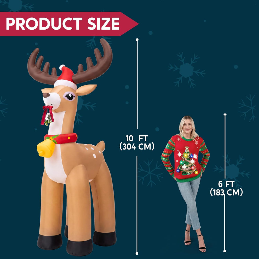 10FT Giant Christmas Inflatable Reindeer Outdoor Decoration, Christmas Blow Up Yard Decoration with Santa Hat, Jingle