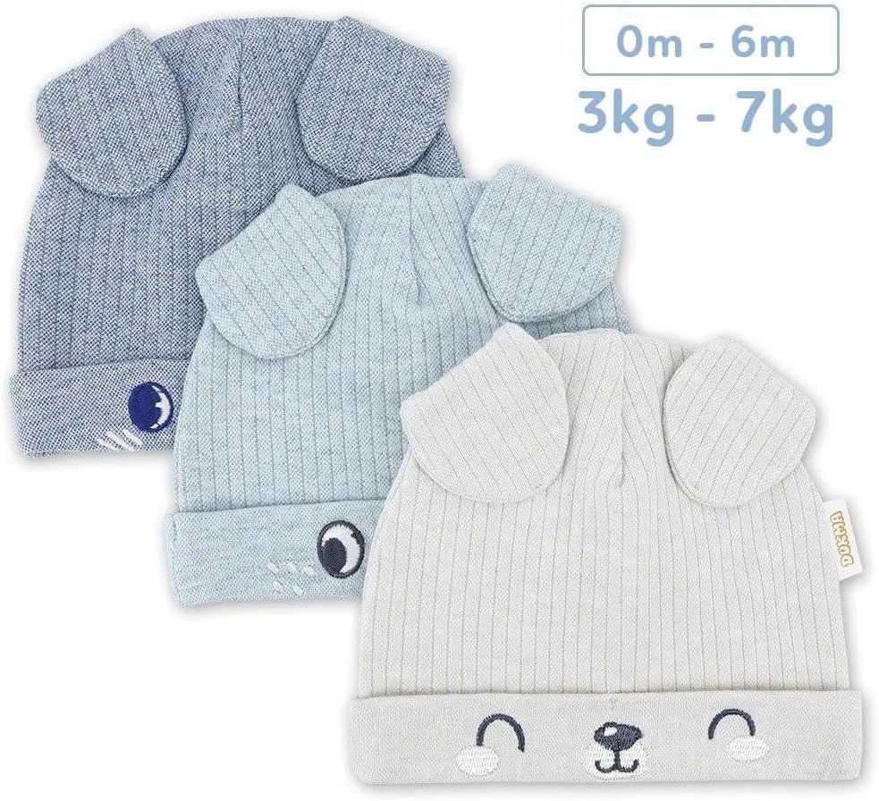 Organic Cotton Toddler Hat Set 3 Cute Animal Ears Design, Beanies for Baby Boys and Girls 0-6 Months Light Gray & Blue