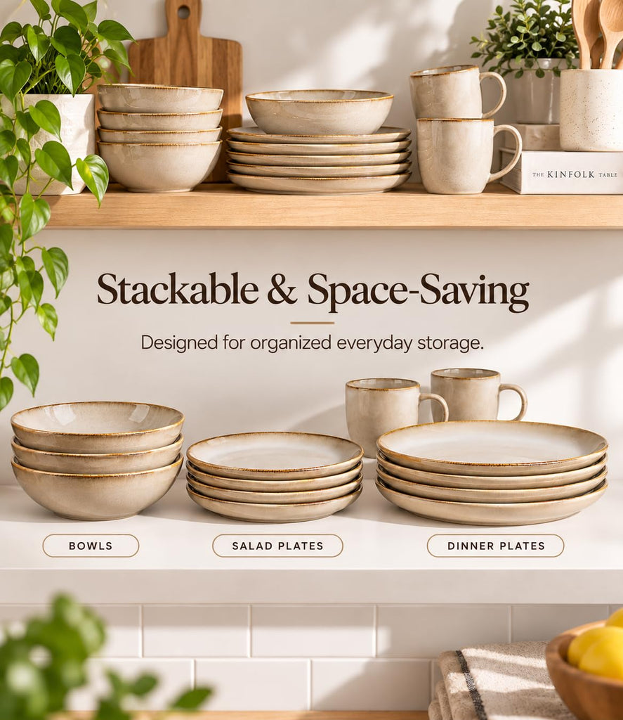 Stoneware Dinnerware Sets for 6,18 Piece Rustic Plates and Bowls Set