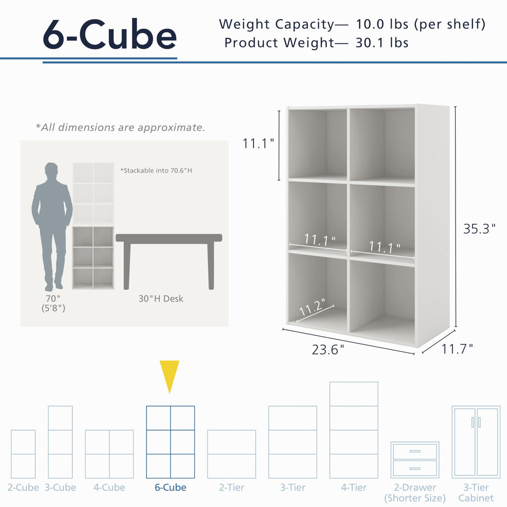 Apexa 6-Cube Storage Organizer Shelves, Stackable Wood Bookcase Fits Cubby Bins for Organization, Dorm Teen Room