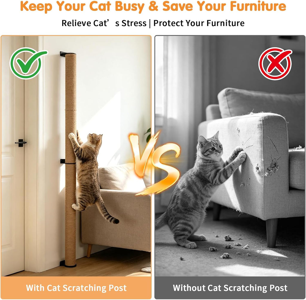 65" Wall Mounted Cat Scratching Post, Adjustable Jute Cat Wall Scratcher