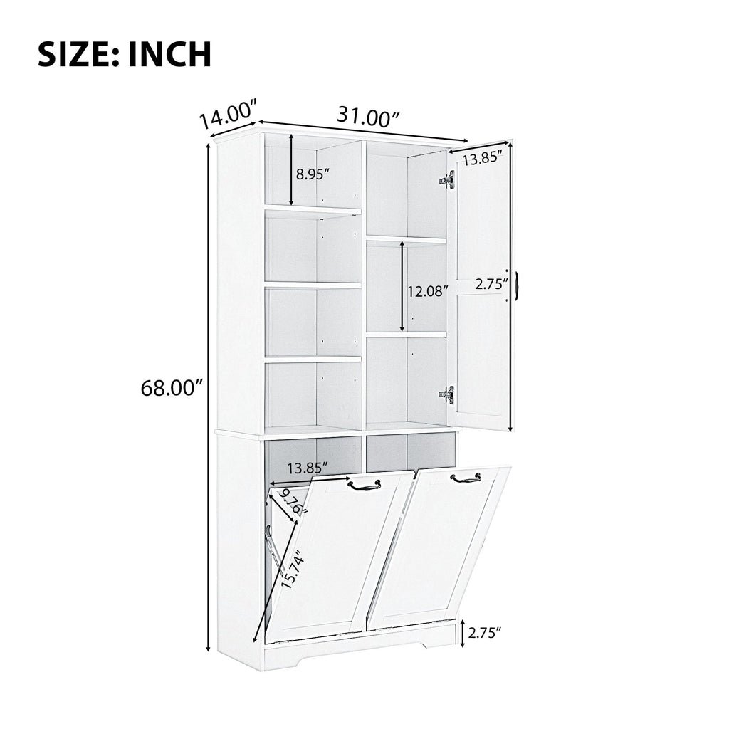 Cabinet with Tilt-Out Laundry Hamper Basket, Tall Bathroom Storage Organizer Linen with Open Shelf, Freestanding