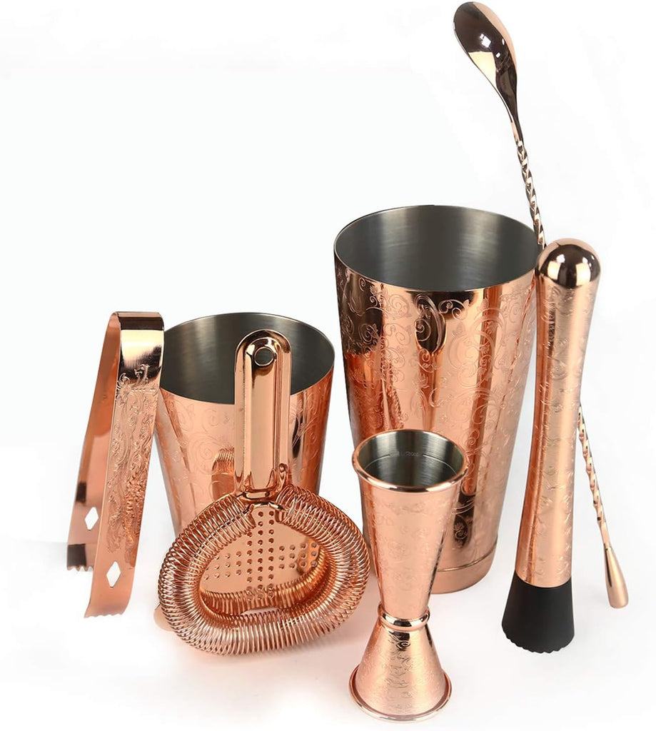 Bartender Kit Cocktail Shaker Set- Stainless Steel Copper Plated Etching Bar Tools with Boston Shaker - Set of 6