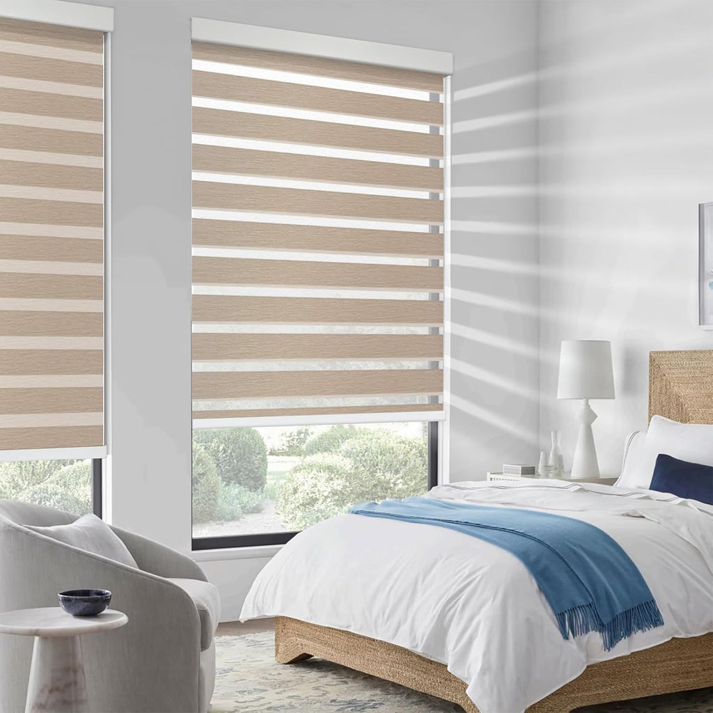 Motorized Zebra Blinds Smart Dual Layer Shades for Windows w - Caramel roomdarking