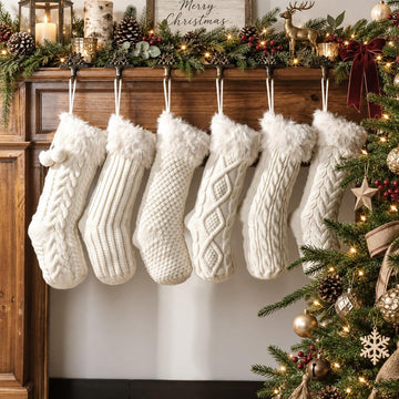 18 Inch Christmas Stockings, Set of 6 Cream White Assorted Cable Knitted Stockings with Faux Fur Cuff, Rustic