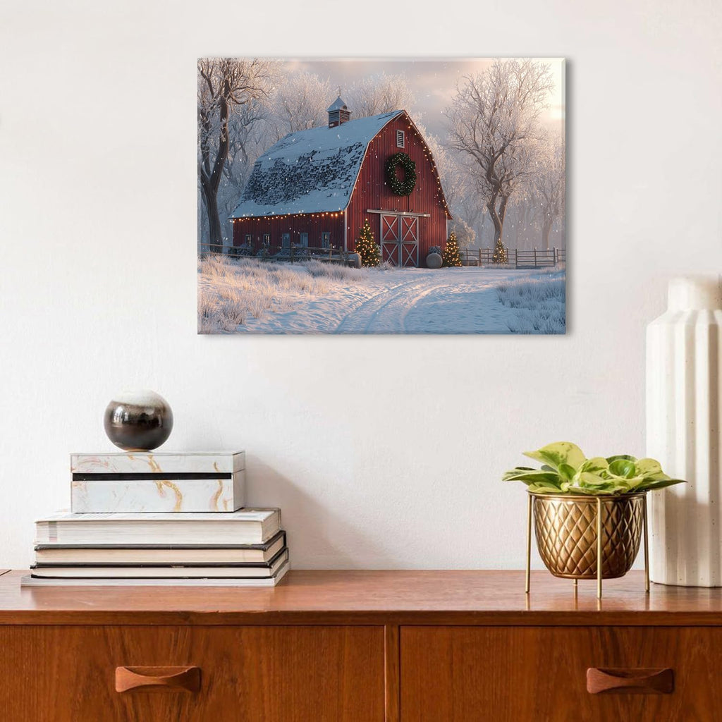 Christmas Farmhouse Canvas Wall Art Red Barn Pictures Wall Decor Christmas Tree Poster Vintage Snowy Country Prints