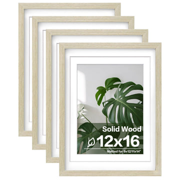 12x16 Picture Frames Set of 4, Made of Solid Wood Covered by Plexiglass 9x12 and 11x14 with Mat or 12x16 without Mat