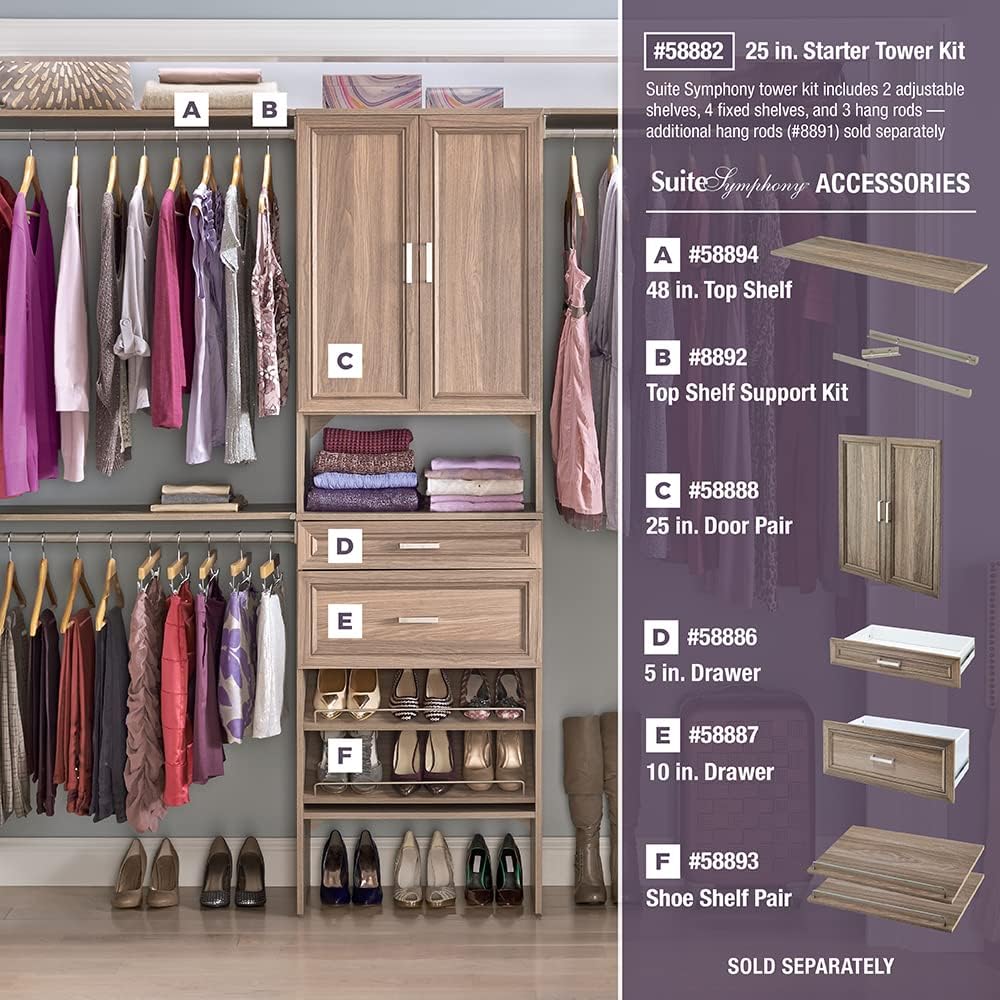 SuiteSymphony Wood Closet Organizer Starter Kit with Tower and 3 Hang Rods, Shelves, Adjustable, Fits Spaces 5 - 10